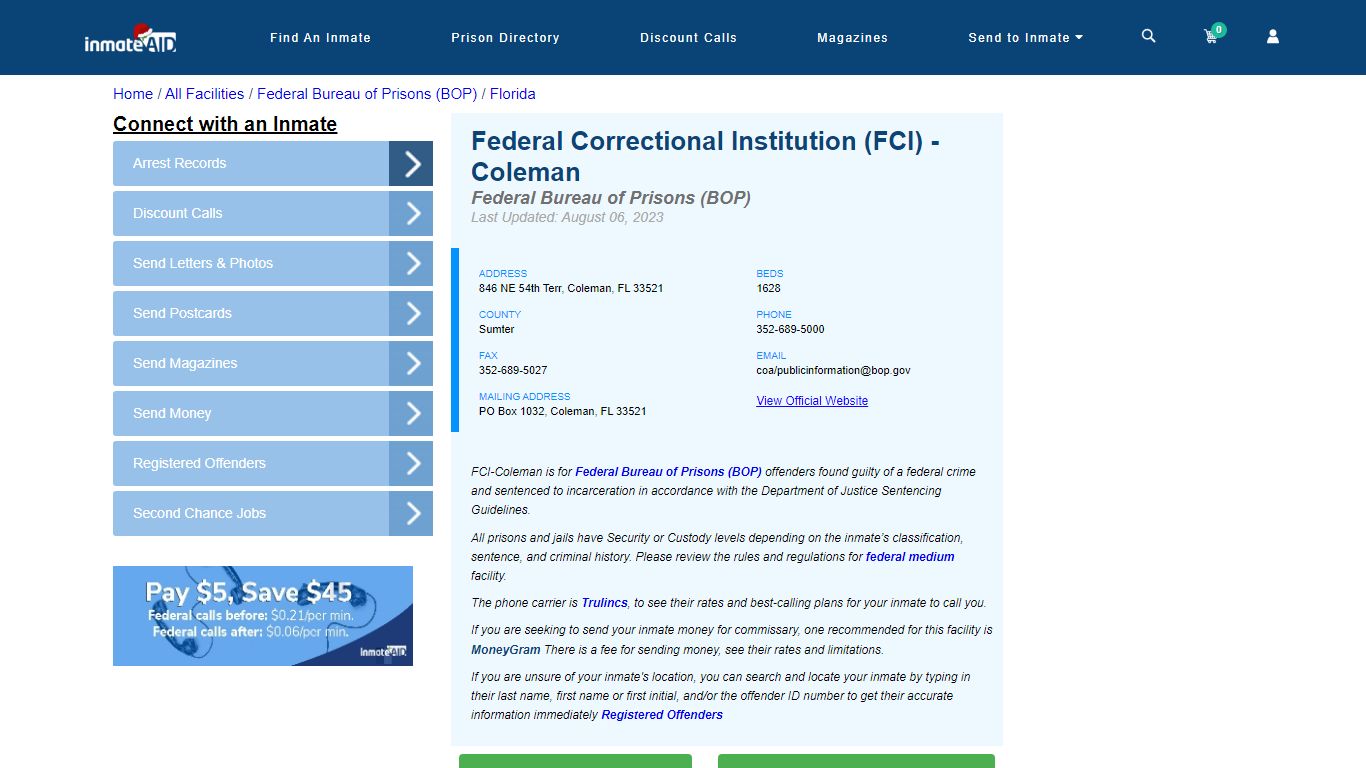 Federal Correctional Institution (FCI) - Coleman - Federal Inmate ...