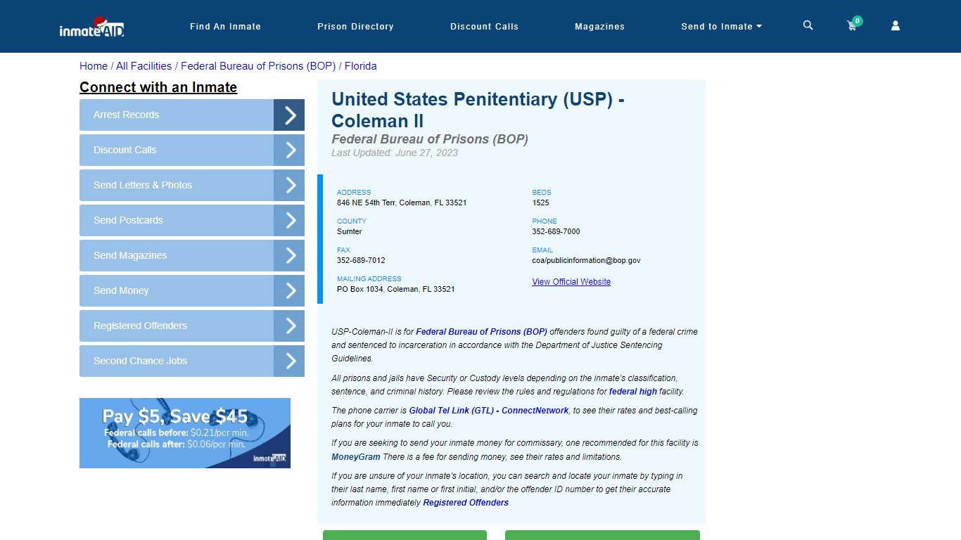 United States Penitentiary (USP) - Coleman II - Federal Inmate Locator - FL