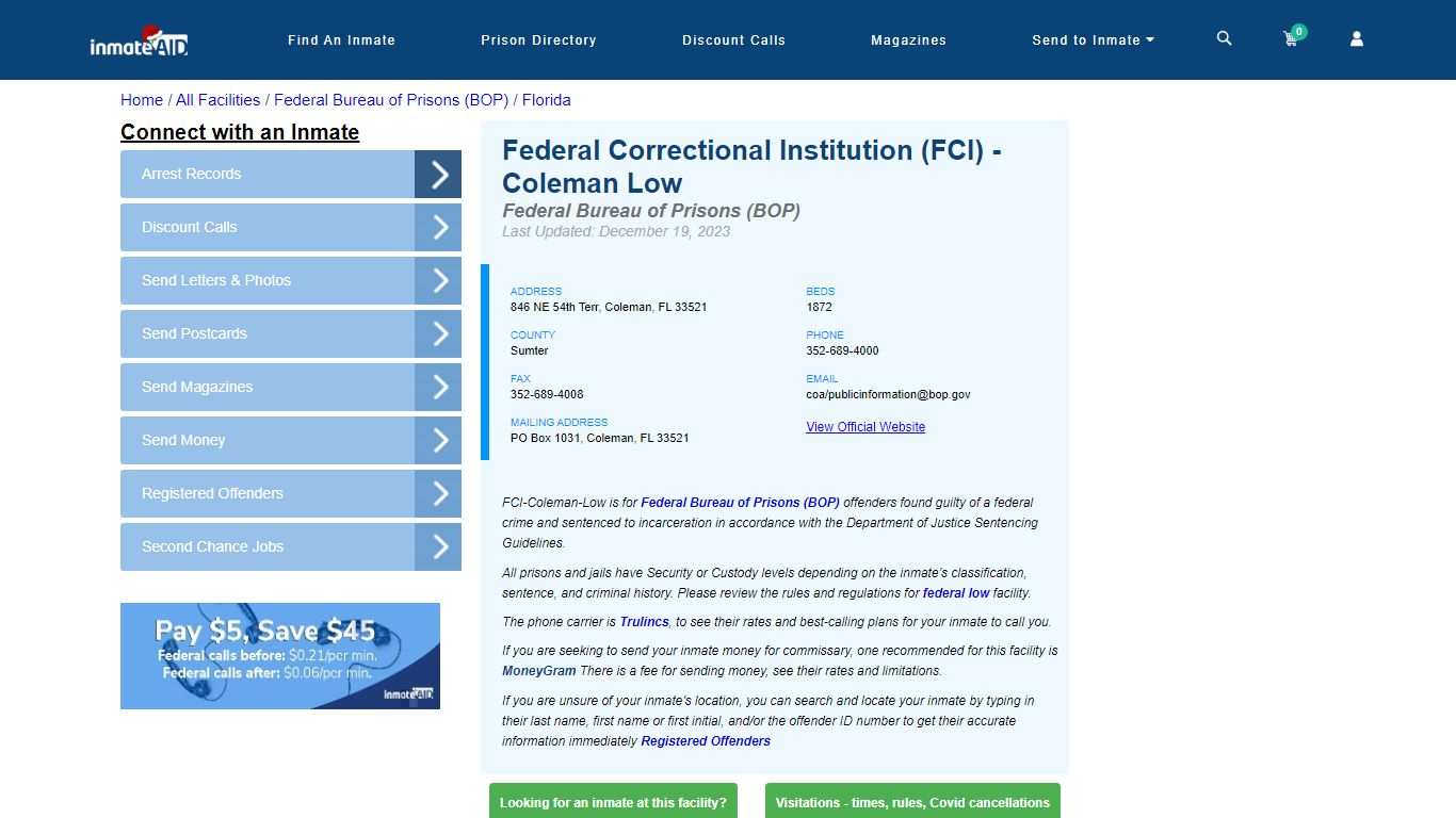 Federal Correctional Institution (FCI) - Coleman Low - Federal Inmate ...